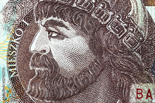 Polish currency money bill ten zloty. Macro crop portrait of Duke of Poland Mieszko I. Business background.