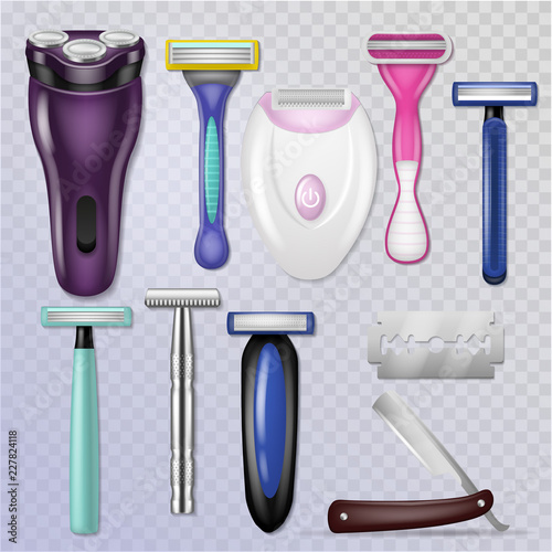 Razor vector realistic sharp blade sharp shaver and personal male shaving equipment illustration hygiene set of woman daily razor-blade bathroom accessory isolated on transparent background