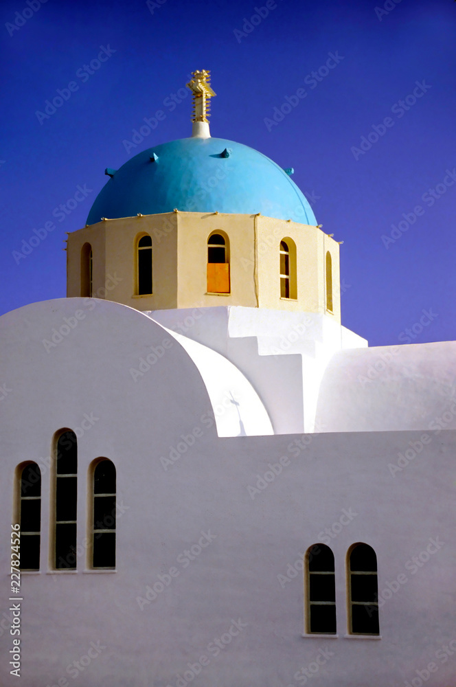 Church Building with Dome and Cross in Santorine, Greece Church Building with Dome and Cross in Santorine, Greece