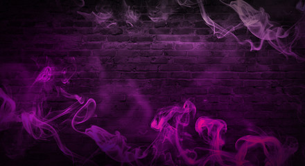 colorful smoke on a black background. Empty background of black brick wall, neon light, smoke.