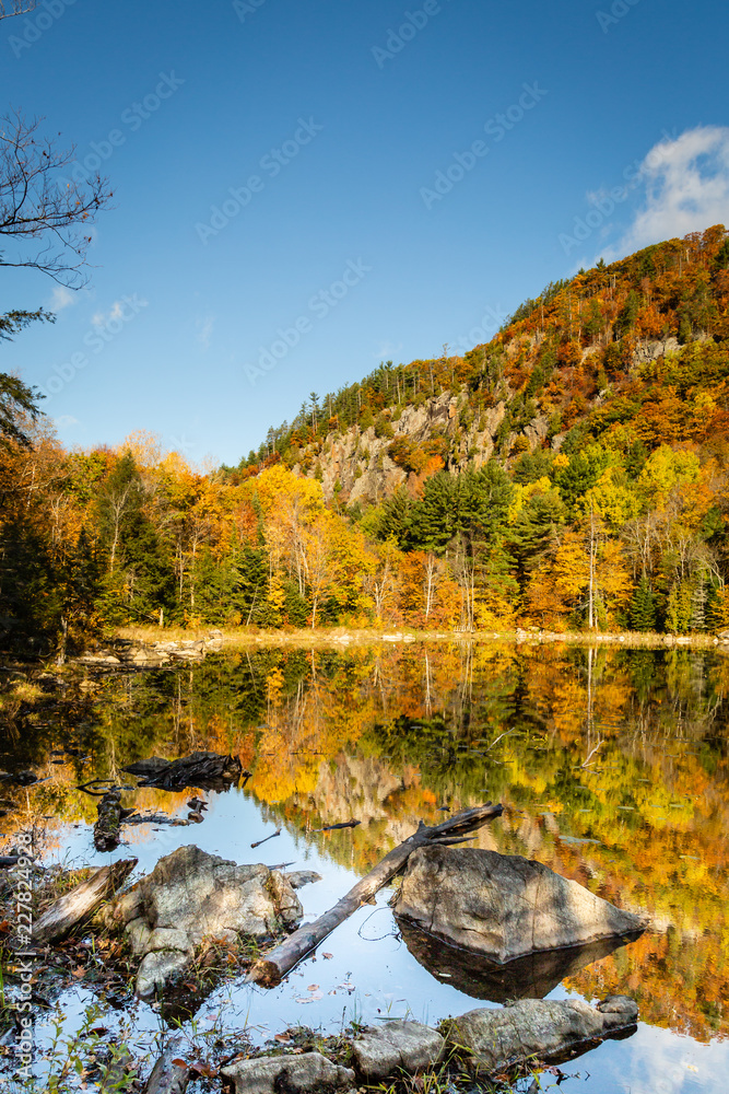 Mountain and colorful trees reflected in a pond on a beautiful autumn day
