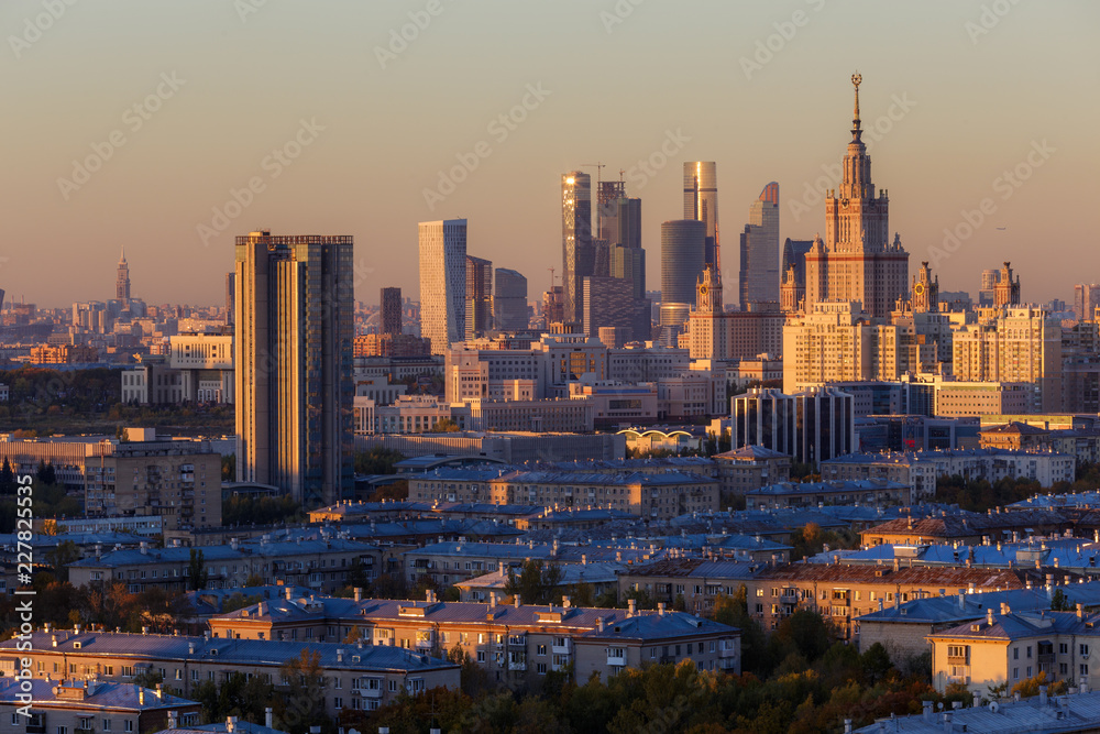 Moscow, Russia, view of Moscow State University and Moscow City business center, at sunset