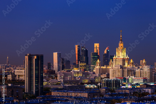 Moscow, Russia, view of Moscow State University and Moscow City business center, at sunset.