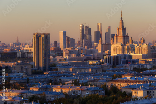Moscow, Russia, view of Moscow State University and Moscow City business center, at sunset photo