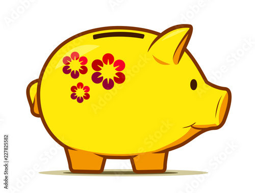 Cute yellow piggy bank with colourful flower design. Drawing of isolated money container in shape of nice pig.
