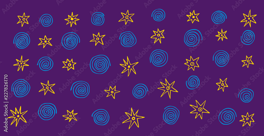 Obraz premium Abstract colorful background. Stars and spirals on a blue substrate. Vector hand drawing.