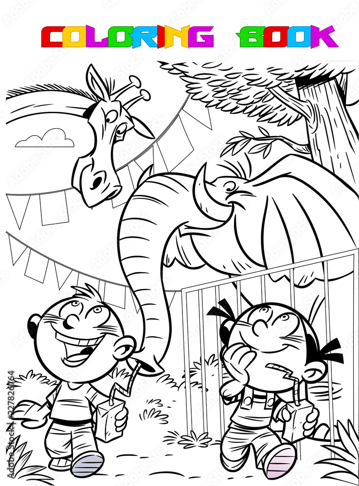 Vector illustration shows how children walk and look at animals in a zoological park. The illustration is made in black and white contour, for a coloring book, in a cartoon style.