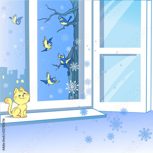 The vector illustration shows an open window in the winter. Snowflakes fly in the window and birds want to get into a warm room from a cold street. A cat sits on the windowsill and watches birds. 