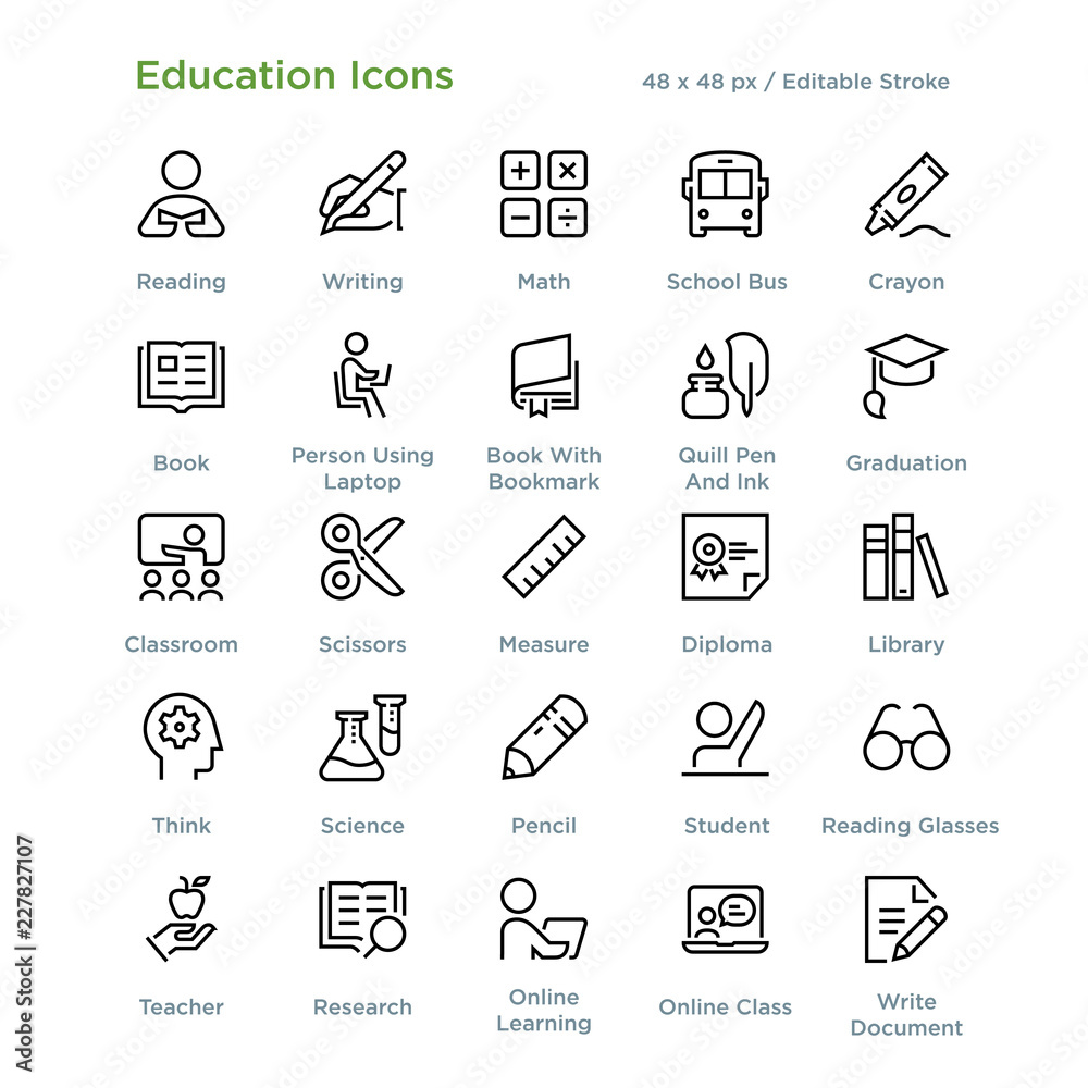 Fototapeta premium Education Icons - Outline styled icons, designed to 48 x 48 pixel grid. Editable stroke.