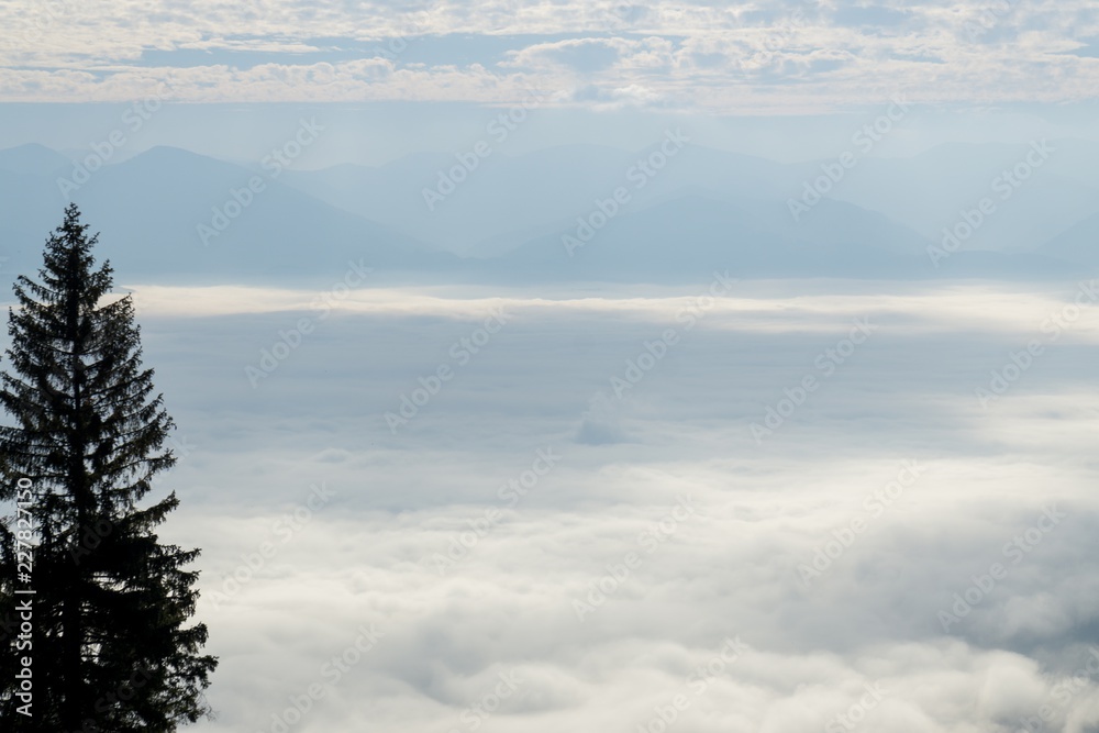 Obraz premium View from mountains with cloudy inversion below. Slovakia