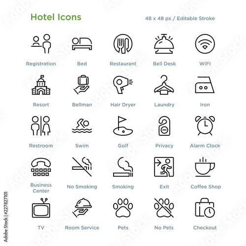Hotel Icons - Outline styled icons, designed to 48 x 48 pixel grid. Editable stroke.