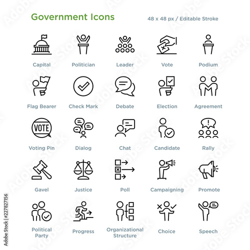 Government Icons - Outline styled icons, designed to 48 x 48 pixel grid. Editable stroke.