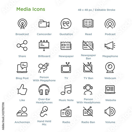 Media Icons - Outline styled icons, designed to 48 x 48 pixel grid. Editable stroke.