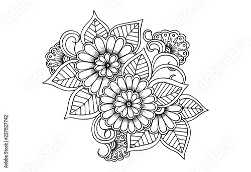 Page for coloring book. Outline flowers. Doodles in black and white photo