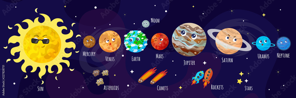 Naklejka premium Ilustracja wektorowa przestrzeni, wszechświata. Planety z kreskówek, asteroidy, komety, rakiety. Ilustracja dla dzieci.