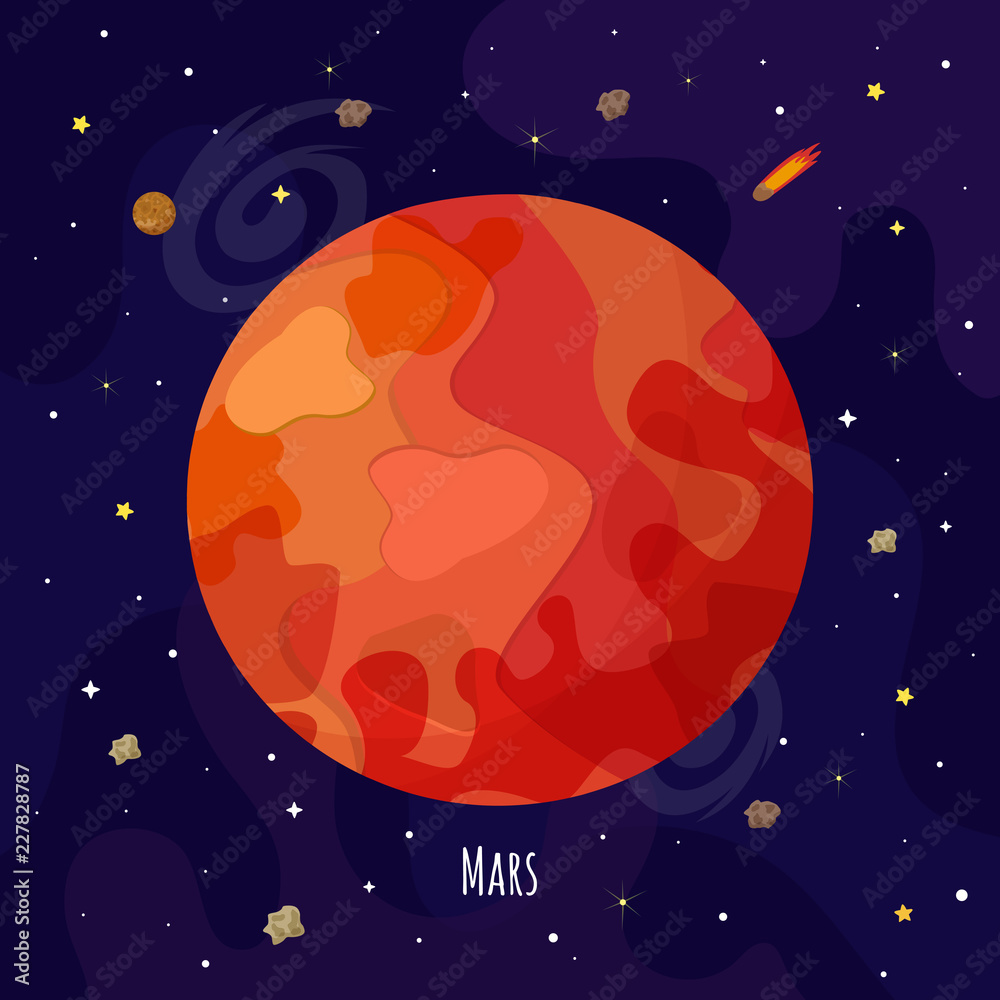 Vector illustration of Mars planet. Kids illustration.