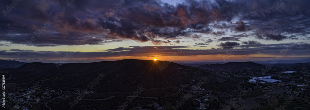 Sunset aerial panoramic in San Marcos, California, USA. San Marcos is in North county San Diego.