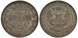Poland Polish silver coin 25 twenty five kopeck or 50 fifty groszy 1842, Russian Administration, double value and date flanked by olive and oak sprigs, crowned imperial eagle with shield on chest and 
