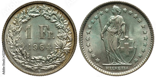 Switzerland Swiss silver coin 1 one franc 1964, value and date flanked by oak and floral sprigs, female with lance holding shield with Swiss cross, greenish patina,