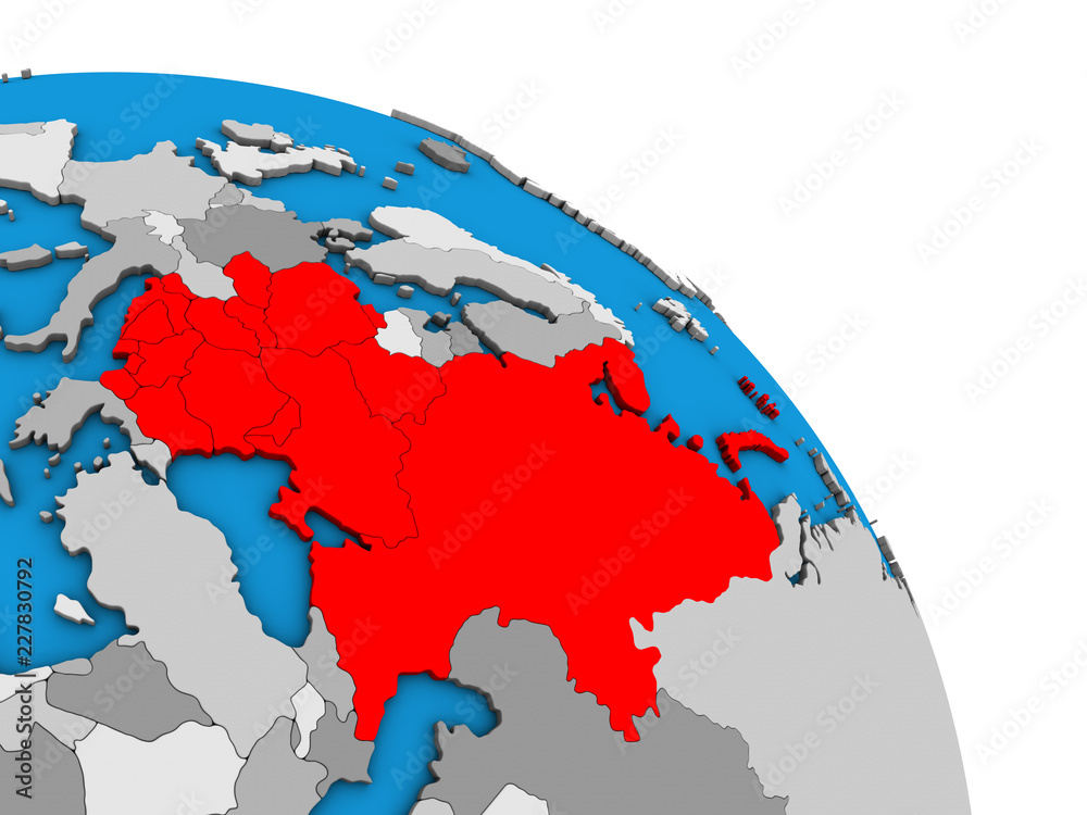 Eastern Europe on simple blue political 3D globe.