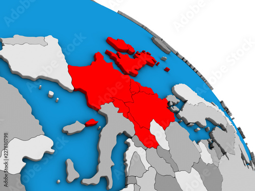 Western Europe on simple blue political 3D globe.