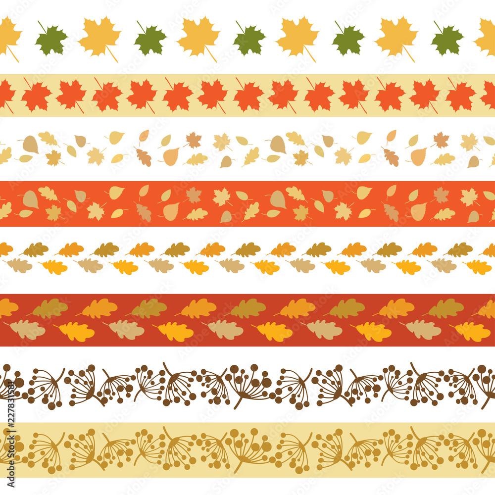 Set of seamless black borders of various autumn foliage. Leaves of maple, oak, aspen, birch trees and dried meadow flowers. Pattern brushes are included in EPS file. Set of seamless black borders of various autumn foliage. Leaves of maple, oak, aspen, birch trees and dried meadow flowers. Pattern brushes are included in EPS file.