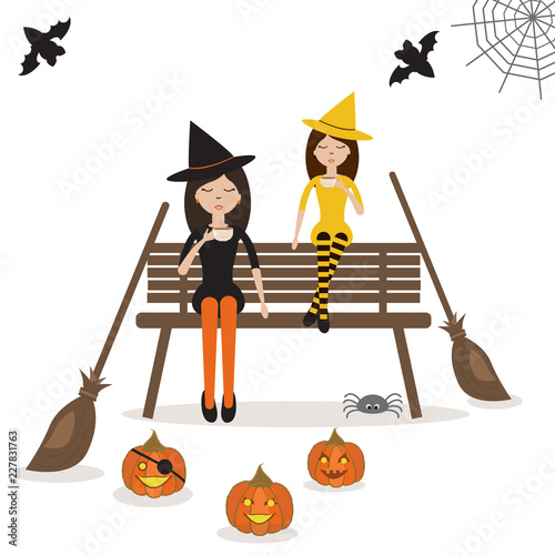 Pretty scenery in a rustic style. Beautiful girls on a cute bench. Pumpkins on the Helloween.Vector illustration