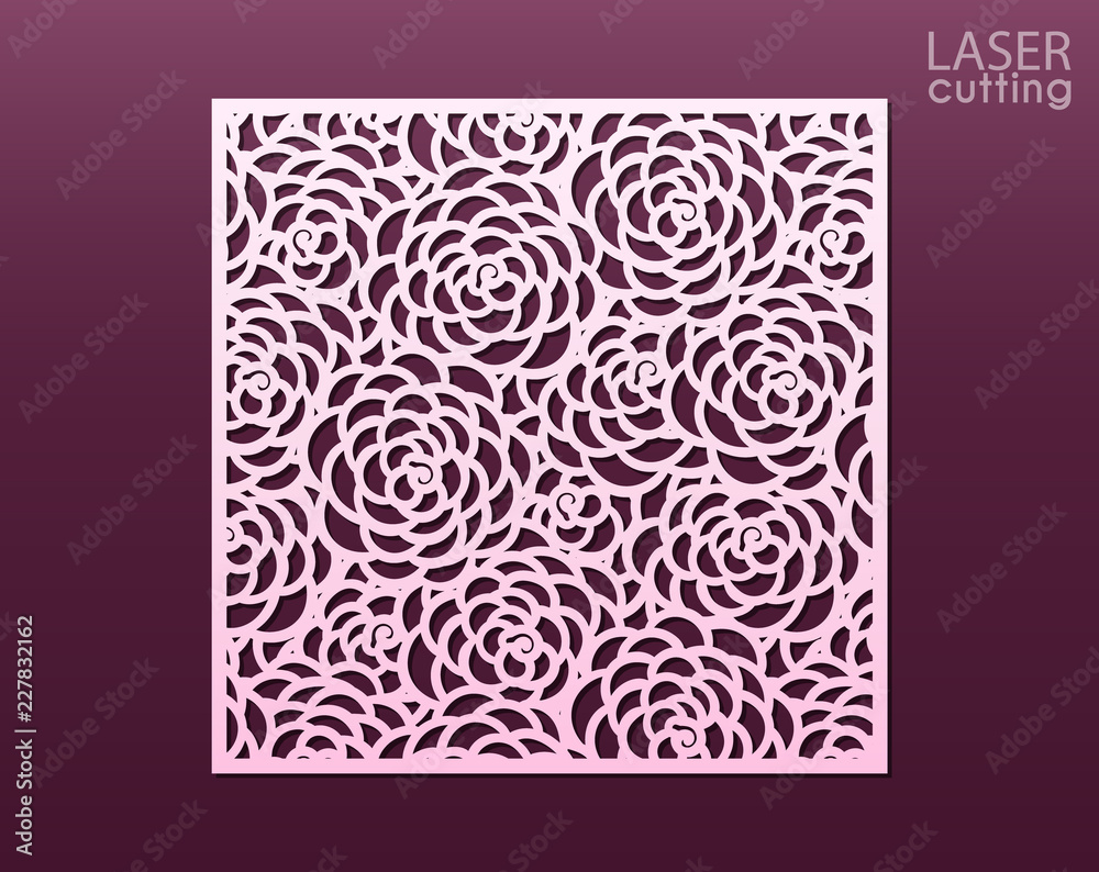 Laser cut panel with floral pattern of peony flowers, template for