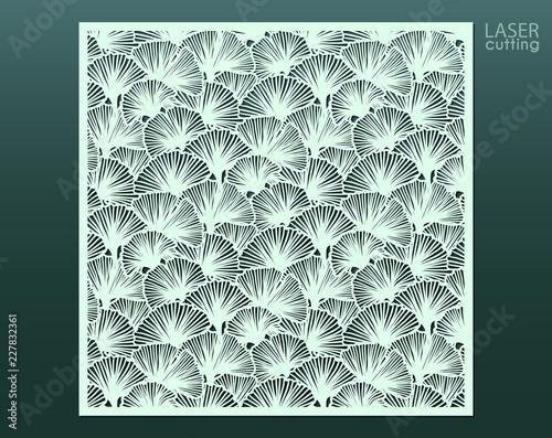 Laser cut panel with floral pattern of ginkgo leaves, template for laser cutting or wood carving, cutout paper decorative element, elegant tropical background for wedding invitation, vector.