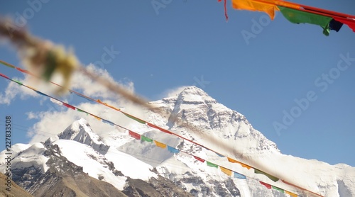 north face Everest with Tibetan prayer flags 