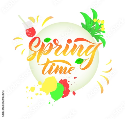 Composition with Phrase Spring Time with green leaves. Vector season quote.
