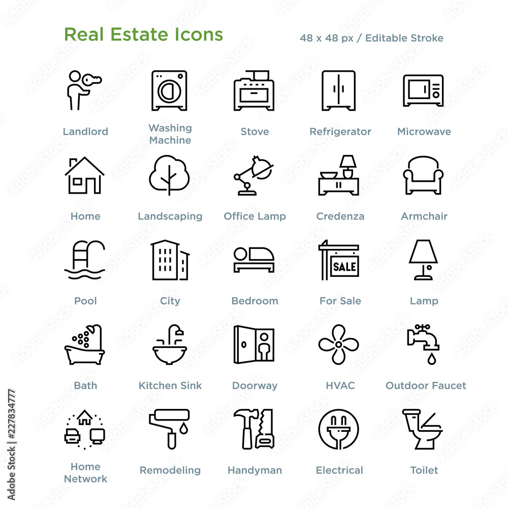 Real Estate Icons - Outline styled icons, designed to 48 x 48 pixel grid. Editable stroke. Real Estate Icons - Outline styled icons, designed to 48 x 48 pixel grid. Editable stroke.