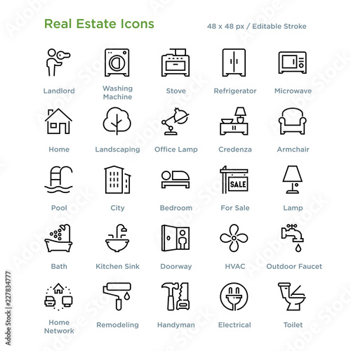 Real Estate Icons - Outline styled icons, designed to 48 x 48 pixel grid. Editable stroke.