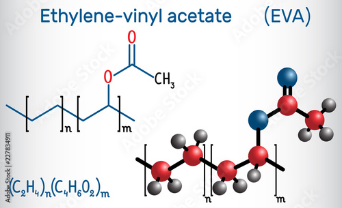 Ethylene-vinyl acetate (EVA). It is is the copolymer of ethylene and vinyl acetate. Structural chemical formula and molecule model photo