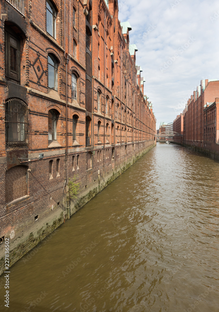 Speicherstadt in Hamburg, Germany is the world's largest timber-pile founded warehouse district of the world.