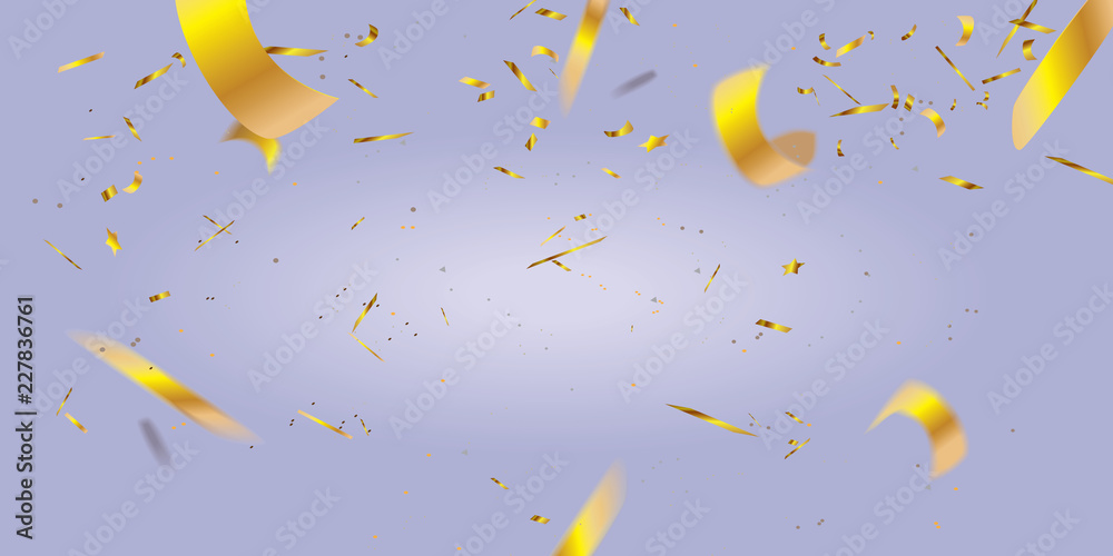 Realistic blurred golden confetti isolated on purple background