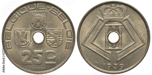 Belgium Belgian coin 25 twenty-five centimes 1939, central hole surrounded by shields, value below, crowned monogram of King Leopold III, date below, photo
