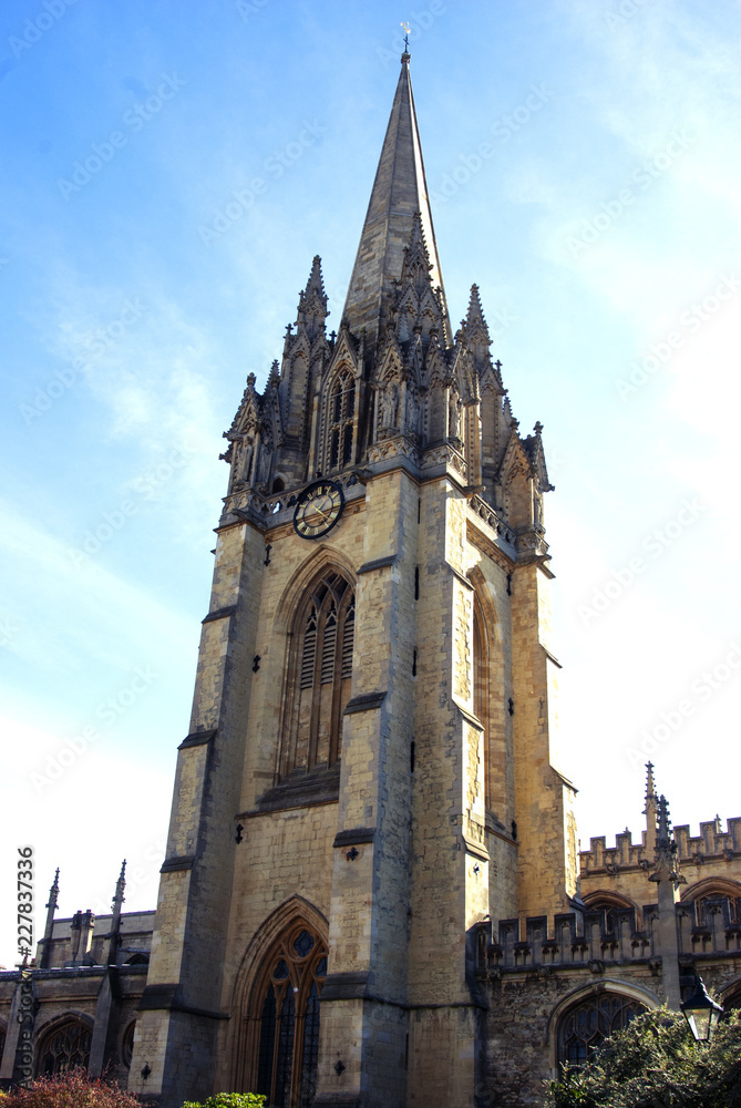 Oxford, United Kingdom - October 13, 2018: University Church of St Mary the Virgin. The oldest part of the church is the tower which dates from around 1270.