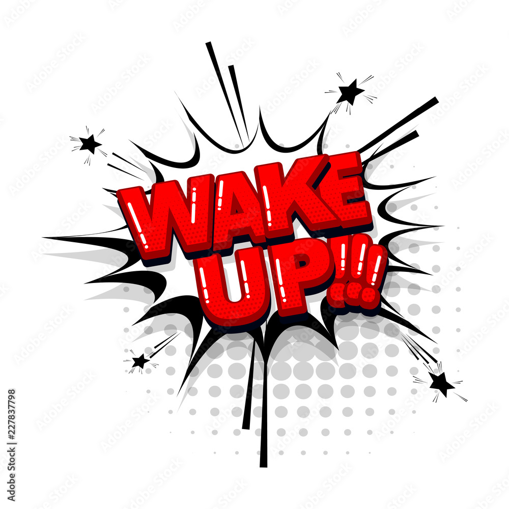 Wake up comic text collection sound effects pop art style. Set vector  speech bubble with word and short phrase cartoon expression illustration.  Comics book red colored background template. Stock Vector | Adobe
