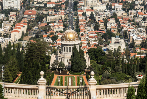 Bahai gardens on the slopes of the Carmel Mountain, Haifa city and harbor, Israel photo