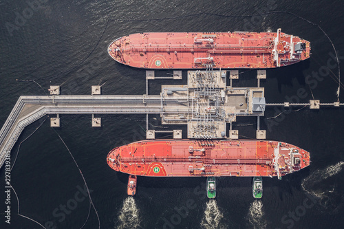 Aerial view of oil tankers in port