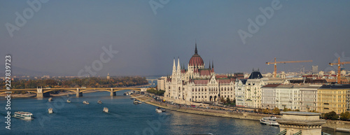 Budapest, Hungary Beautiful aerial skyline view of Buda over River Danube, Matthias Church and Parliament of Hungary