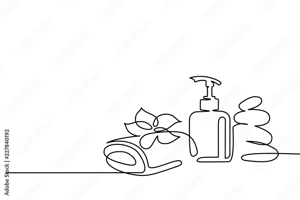 Fototapeta Ciągły jeden rysunek linii. Kosmetyk spa piękny kwiat z ręcznikami, butelką i kamieniami bazaltowymi zen. Ilustracja wektorowa