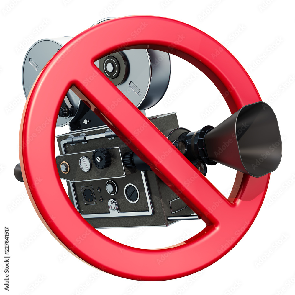 Fototapeta premium Forbidden sign with movie camera. 3D rendering