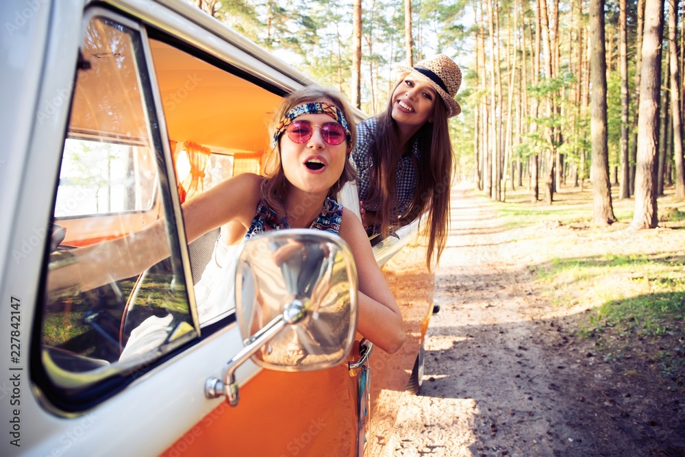 Hipster friends on road trip on a summers day - obrazy, fototapety, plakaty 