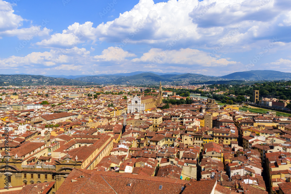 Panoramic view of Florence. Basilica of Santa Croce. Florence, Italy.