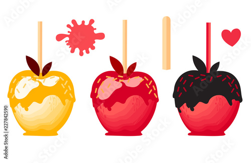 Set Red and orange Apple with chocolate Sweet candy on sticks. Autumn dessert. Vector illustration on white background.