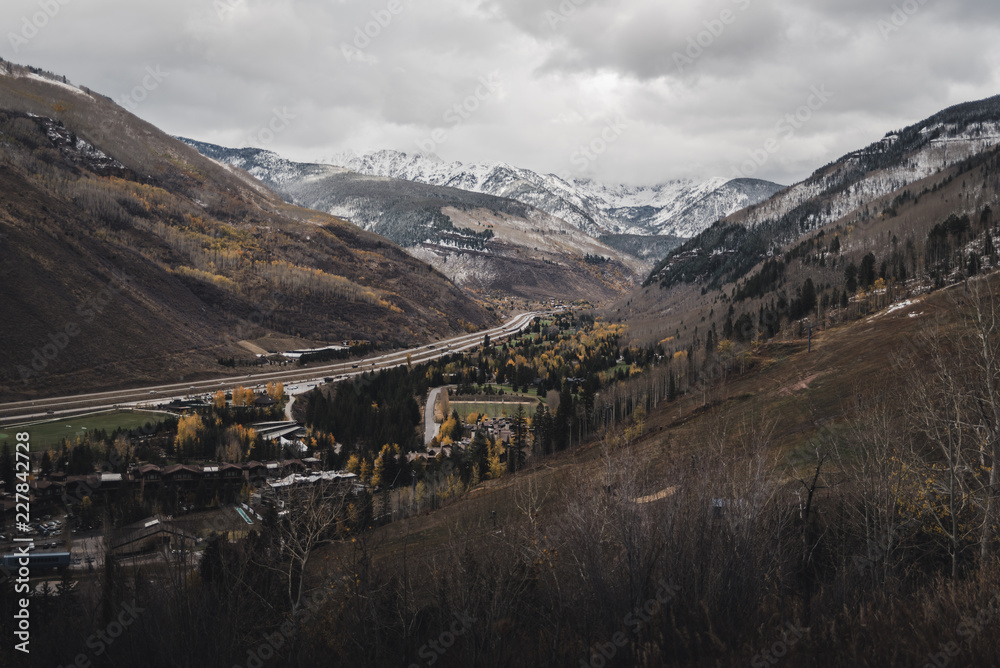 Landscape view of East Vail with the Gore Range in the background after an autumn snow storm. Landscape view of East Vail with the Gore Range in the background after an autumn snow storm.