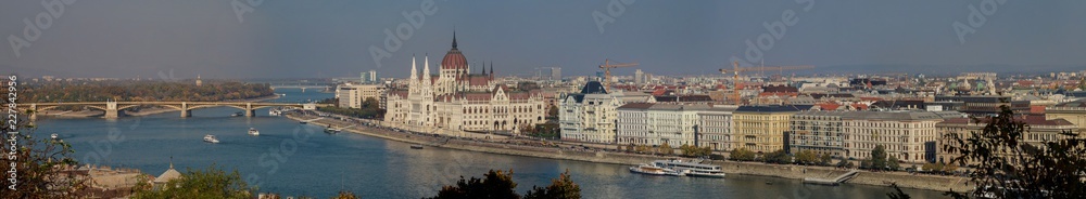 Panoramic view of Budapest city from Fisherman's Bastion over Pest, Danube river and Parliament Building Budapest, Hungary
