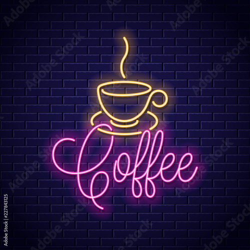 Coffee neon banner. Cup of coffee neon sign on wall background